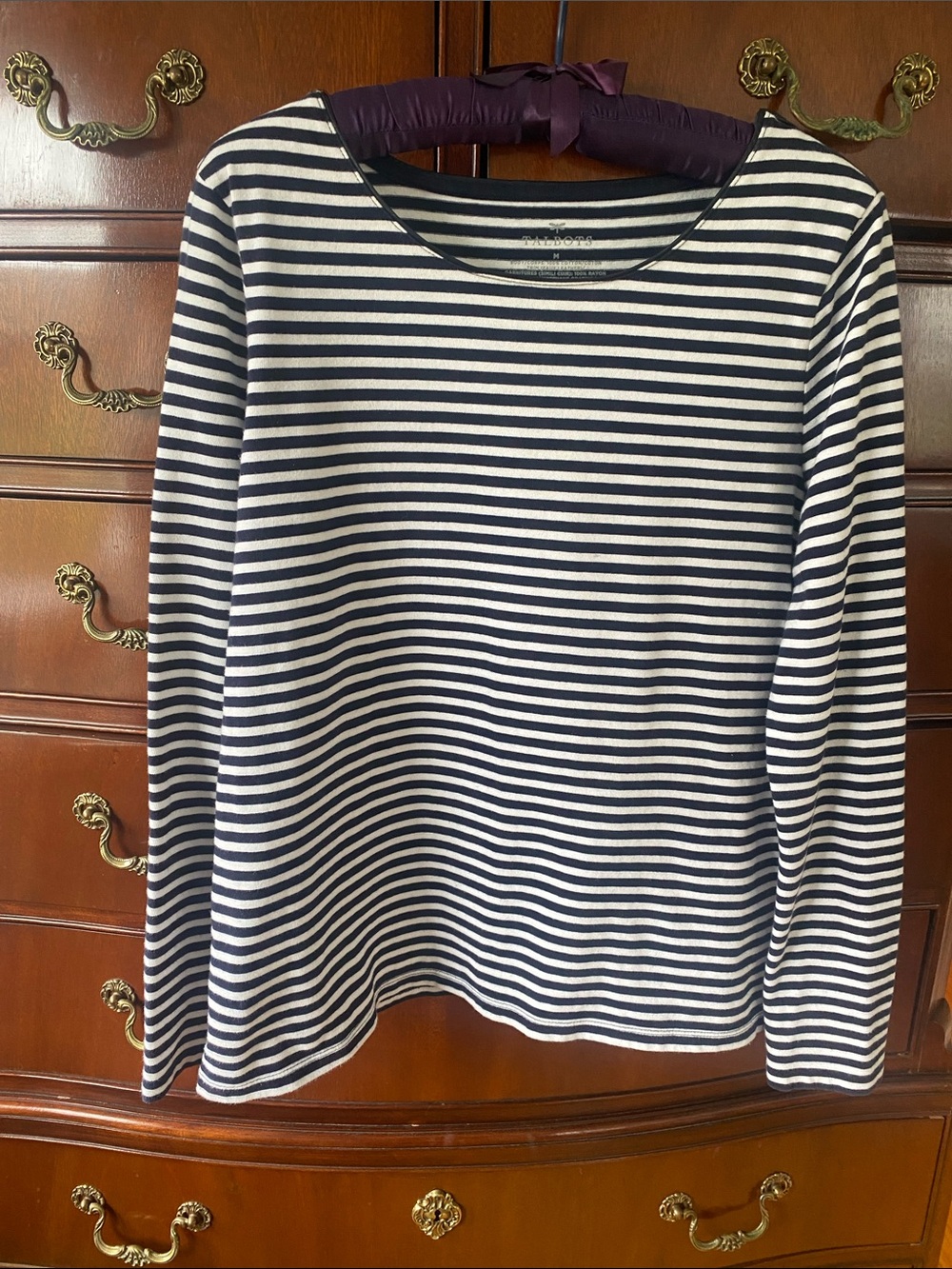 Talbots Black and White Striped Long Sleeve Top with faux leather trim